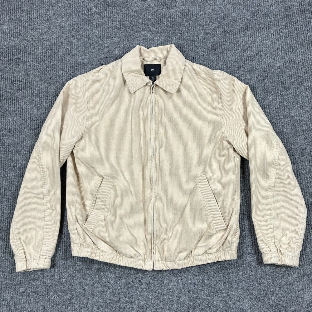 H&M Mens Corduroy Zip Jacket Harrington Casual Coat Size S Beige Waist Stretch